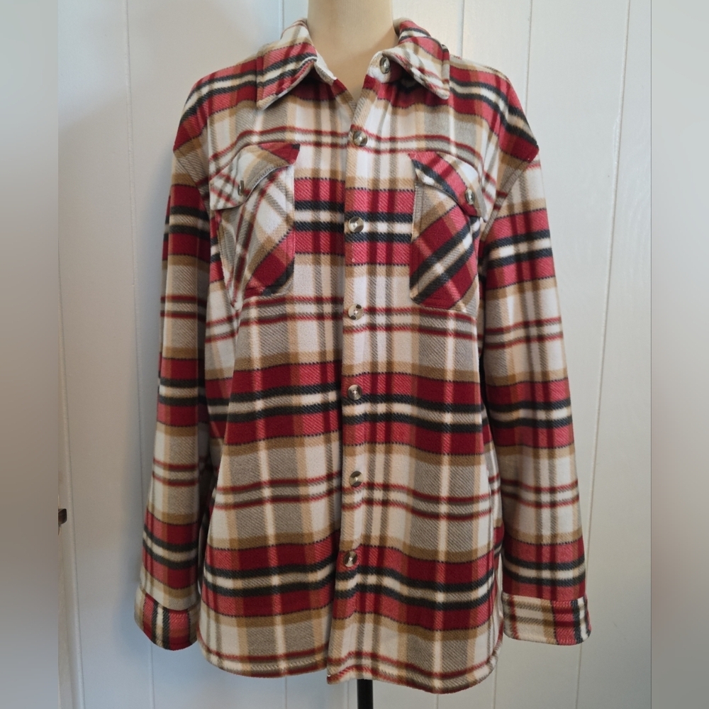 Sage Collective Red Tan Plaid Fleece Lined Button Front Shirt Jacket Women XL